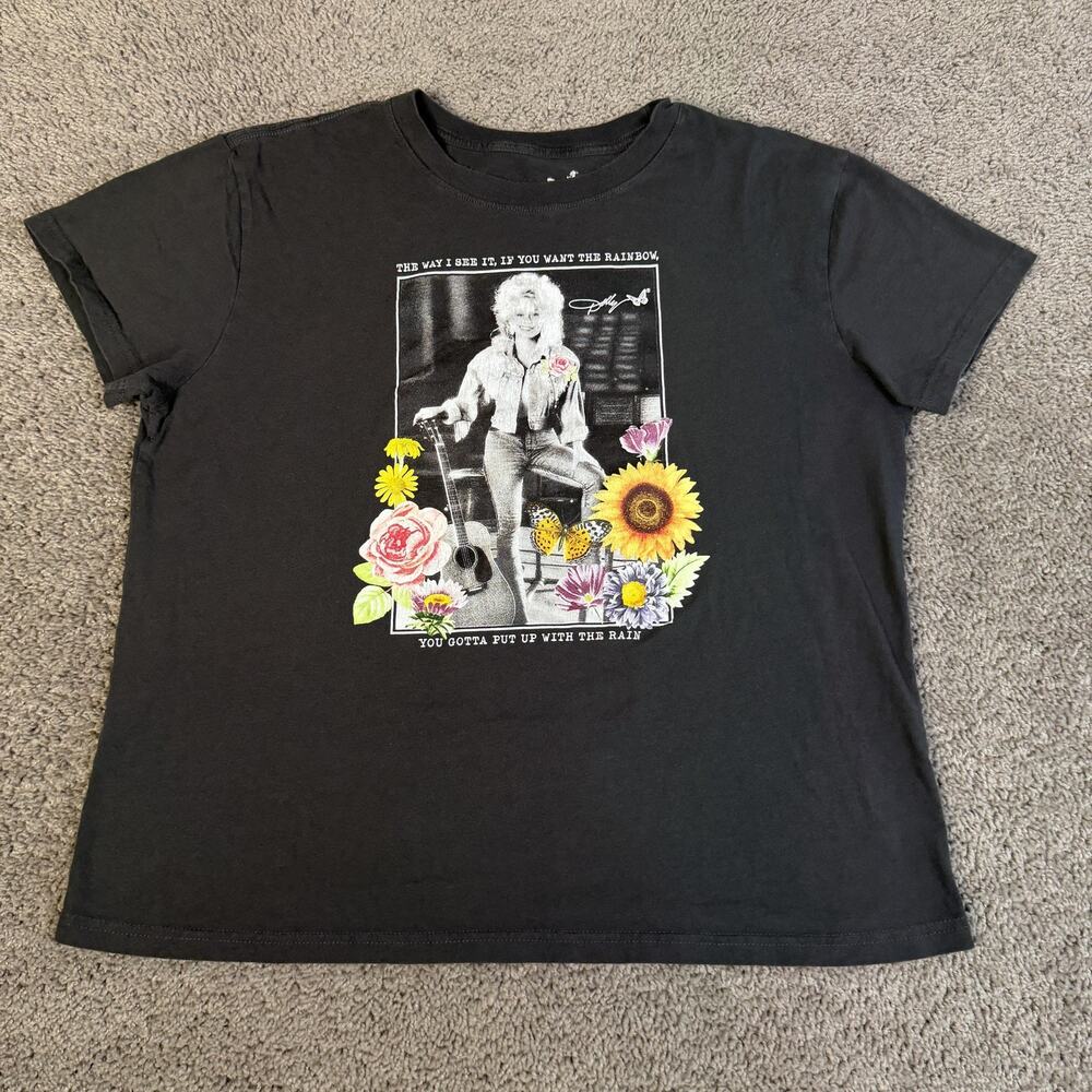 Dolly Parton Shirt Womens XL Black Floral Graphic Crew Neck Tagless 100% Cotton